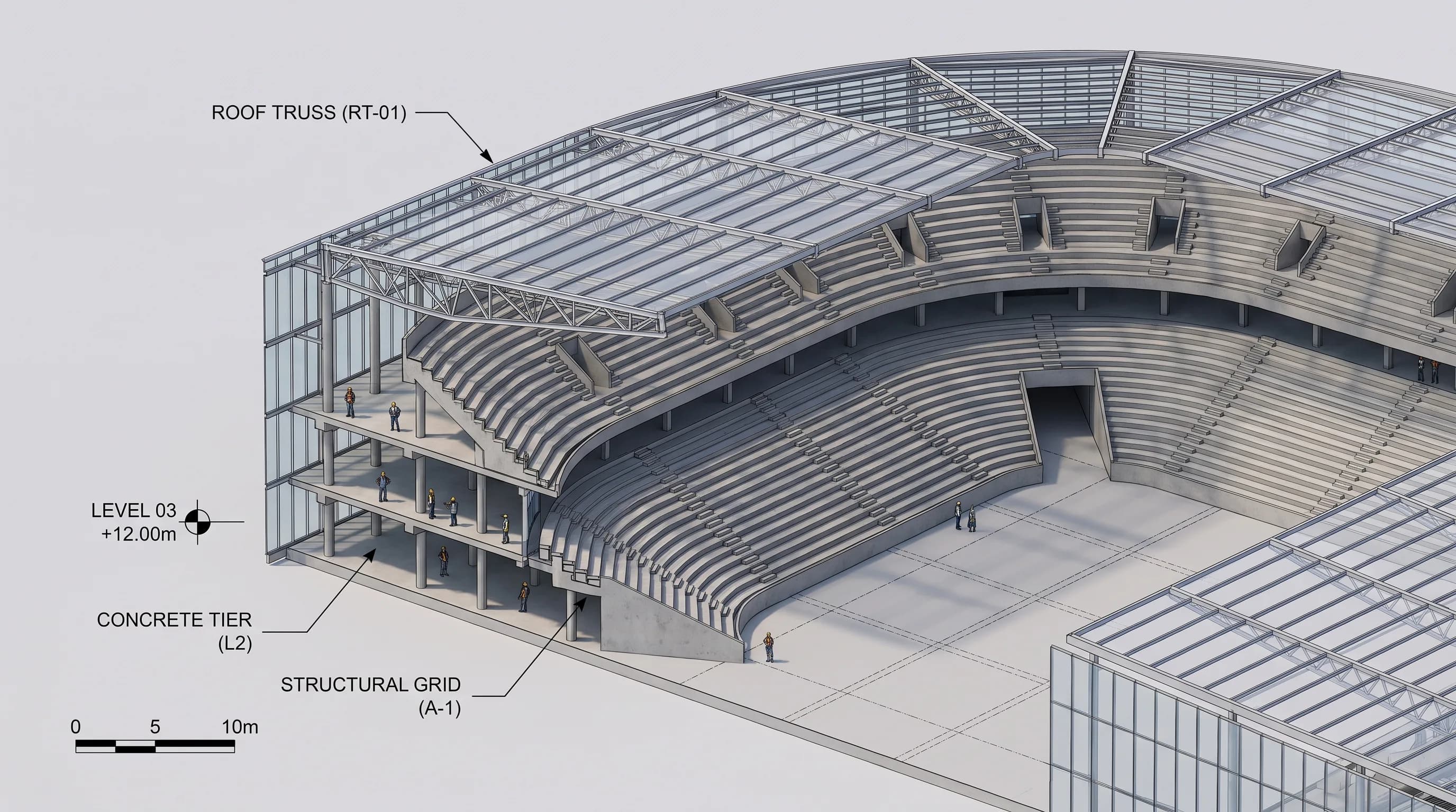 Modelo BIM de un estadio en corte isométrico, mostrando graderías y estructura de techo